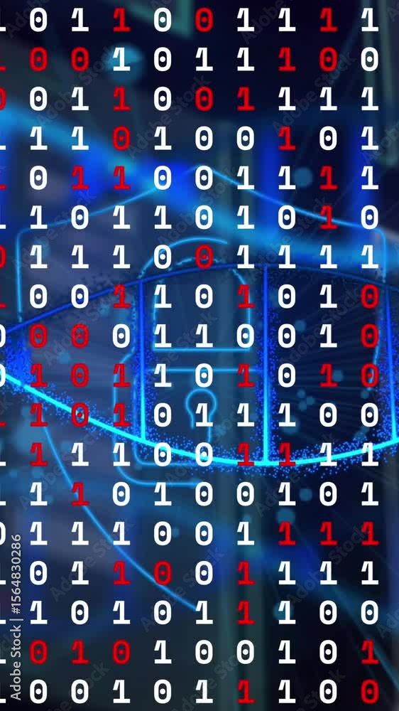 Aufkleber animation of lock in shield with dna helix and binary codes over abstract pattern