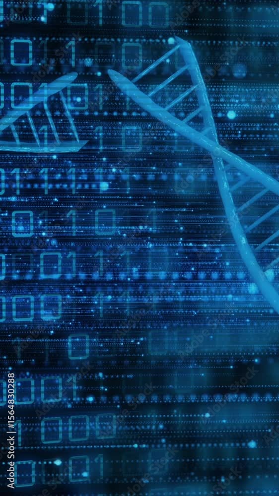 Poster animation of illuminated blue dna helix and binary codes over moving lines and dots