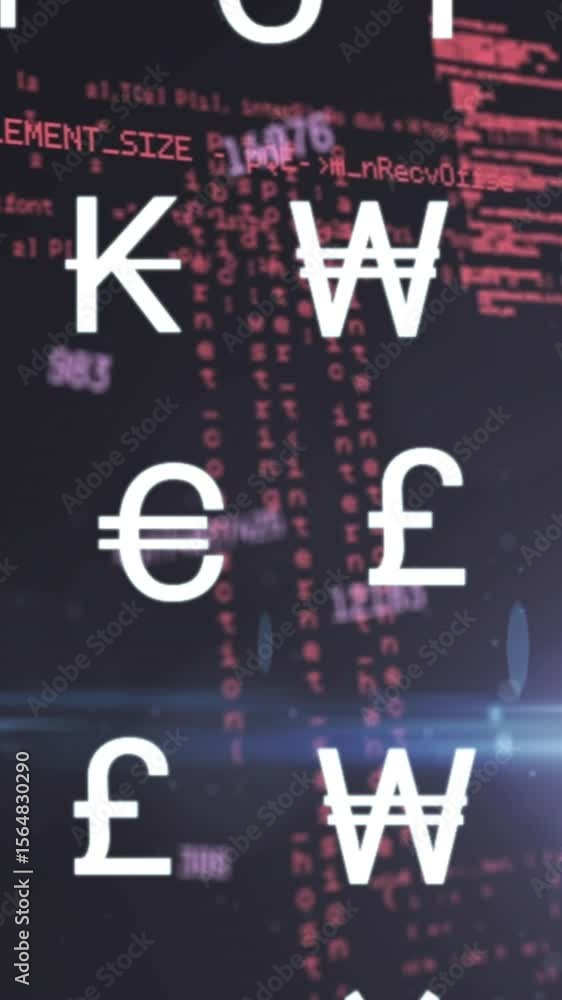 Poster animation of currency symbols with changing numbers and computer language on black background