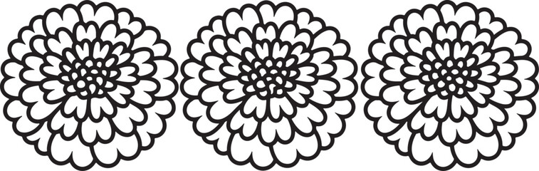 three black stylized floral outlines with layered petals isolated on transparent background