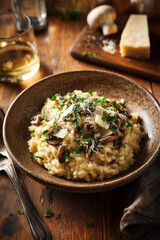 Rustic Mushroom Risotto in Ceramic Bowl