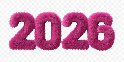 realistic 3d hairy fluffy font number 2026 in different colour style  isolated on transparent background