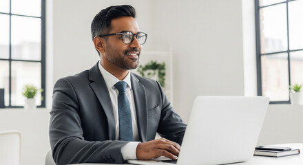 Successful Indian businessman in a suit and tie working on a laptop computer in a modern, bright office