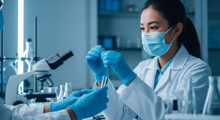 Asian female scientist collaborating with a colleague in a research laboratory, carefully handling samples in vials.