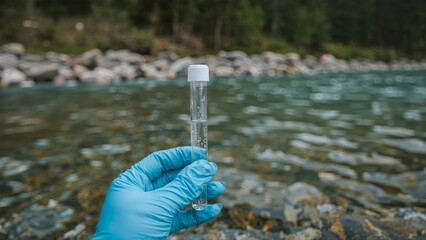Hand in blue glove testing water quality by lake