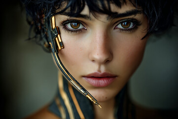 Cool and stylish female cyborg with implants in her face