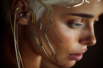 Cool and stylish female cyborg with implants in her face