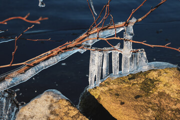 Frozen branches create stunning ice formations at lakeside during winter