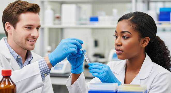 Diverse scientists, a Black woman and a white man, collaborating with a smile on an experiment in a modern laboratory