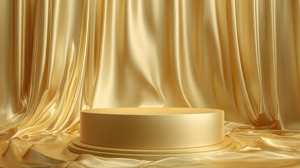 High-quality photo of golden luxurious fabric placed on top pedestal or blank podium shelf on gold background with luxury concept. 3D rendering.