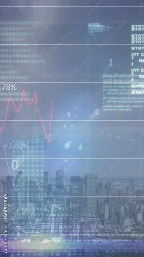Poster animation of statistical data processing and light spots against aerial view of cityscape