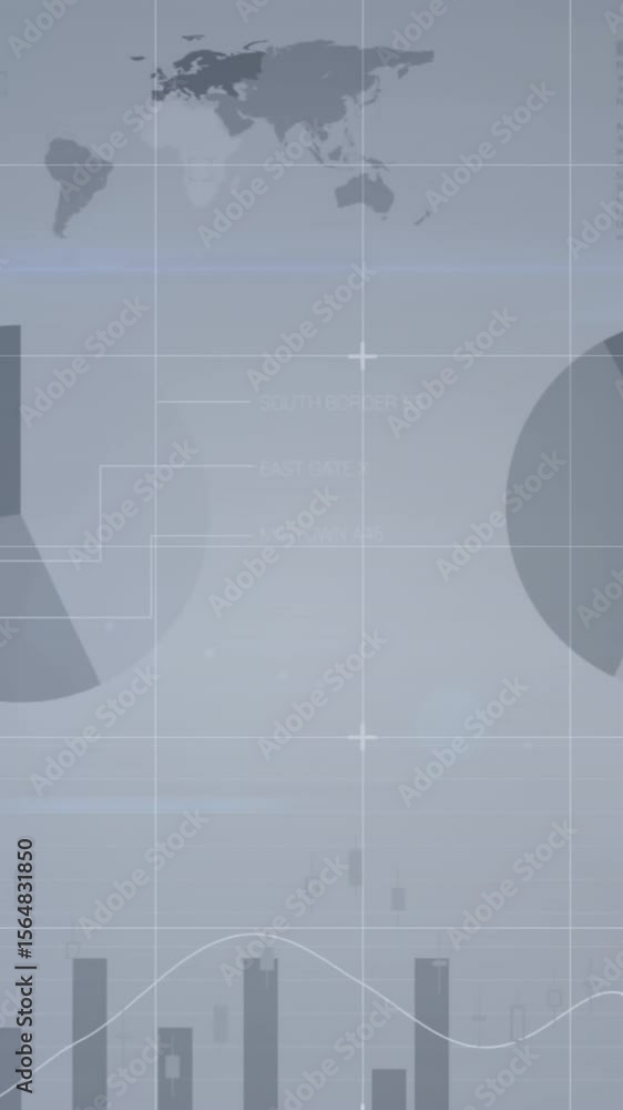 Poster animation of screens with statistical data processing over grid network against grey background