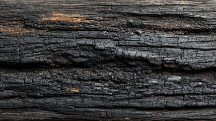 High-quality photo of burnt wooden texture background. Rough black wood surface caused by burning fire. Dark material made from coal or charcoal.
