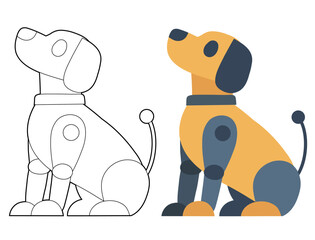 Vector set of mechanical dog clip arts in contour and flat style. Collection of robot puppy. Domestic pets of the future