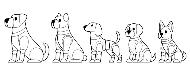 Vector set of contour mechanical dogs various breed. Collection of monochrome outline robot puppies. Animals of the future