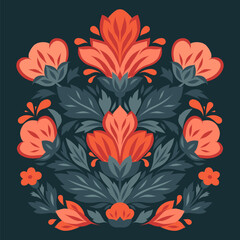Vector decorative card with flower arrangement on dark background. Symmetrical stylized flowers in folk art style. Summer bloom