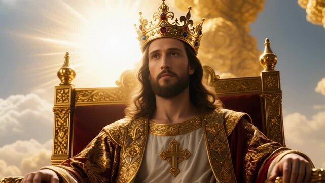 Jesus Christ depicted as king sits on a majestic golden throne in the clouds, wearing a crown and radiating divine light, a symbol of christian faith, salvation and divine authority