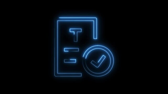 Glowing neon medical test report with checkmark animation on dark background