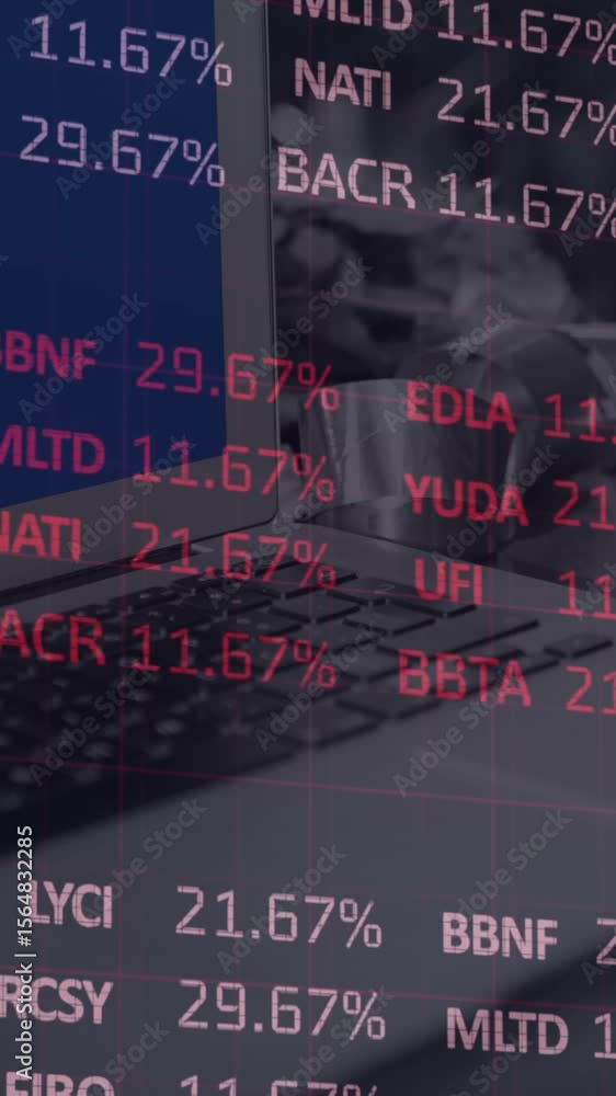 Poster animation of financial data processing over laptop and payment terminal