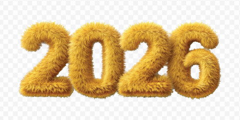 realistic 3d hairy fluffy font number 2026 in different colour style  isolated on transparent background