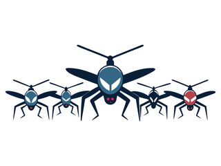 A group of stylized mosquitoes with helicopter rotors and glowing red eyes on a white background
