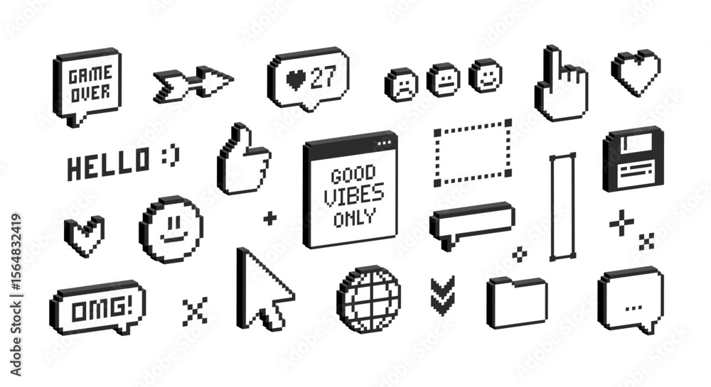 Poster 3D elements Pixel game and stickers of 90's aesthetics. 8-bit retro game background. Trendy Y2k 3D geometric brutalism UI interface. Simple pixel forms. Editable vector	