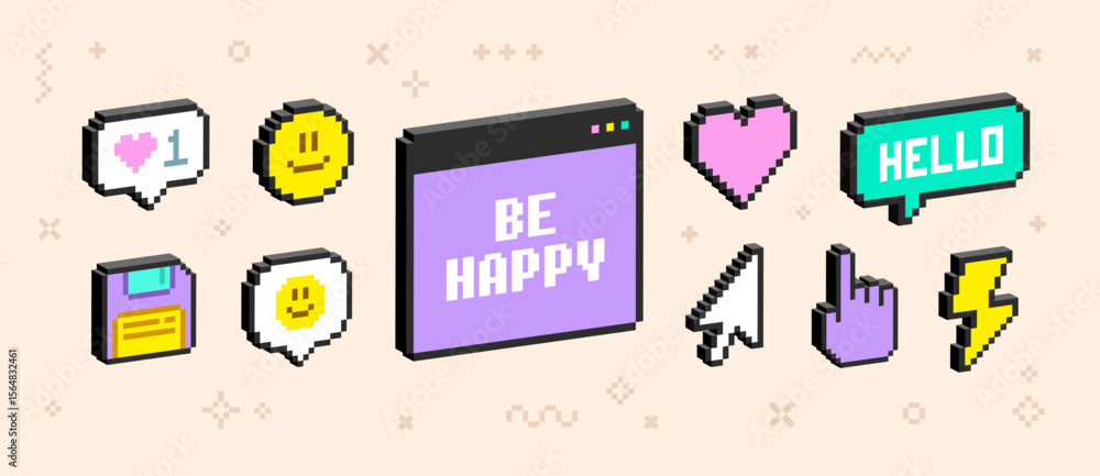 Poster 3D elements Pixel game and stickers of 90's aesthetics.   Pixel signs and simbols, emotions, message notice. 3D Sotial media icons in 8-bit retro game background. Editable vector