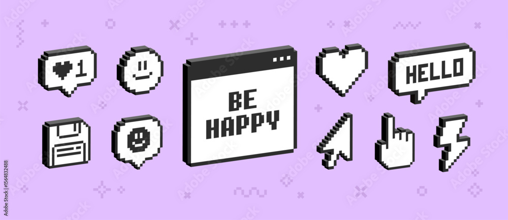 Poster 3D elements Pixel game and stickers of 90's aesthetics.   Pixel signs and simbols, emotions, message notice. 3D Simple pixel forms in 8-bit retro game background. Editable vector	