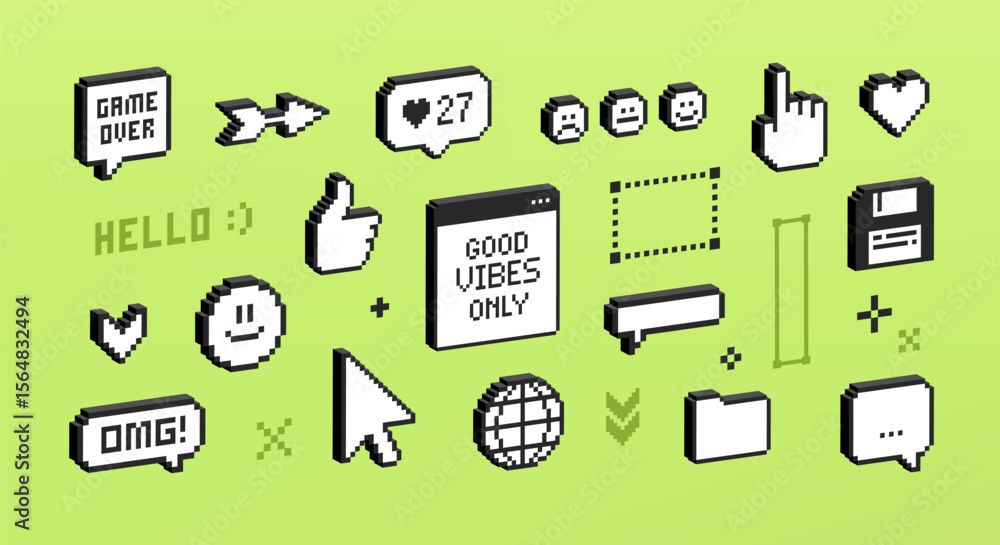 Aufkleber 3d elements pixel game and stickers of 90's aesthetics. 8-bit retro game background. trendy y2k 3d g