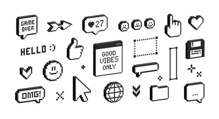 3D elements Pixel game and stickers of 90's aesthetics. 8-bit retro game background. Trendy Y2k 3D geometric brutalism UI interface. Simple pixel forms. Editable vector	