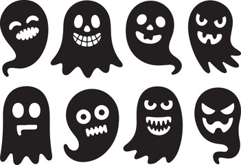Cute Halloween Ghost silhouette bundle. Funny cartoon Halloween elements and spooky vector icons
