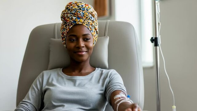 A resilient african american woman in a colorful headwrap smiles with hope while receiving chemotherapy in a clinic, a concept for fighting cancer, survivorship, and healthcare