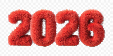 realistic 3d hairy fluffy font number 2026 in different colour style  isolated on transparent background