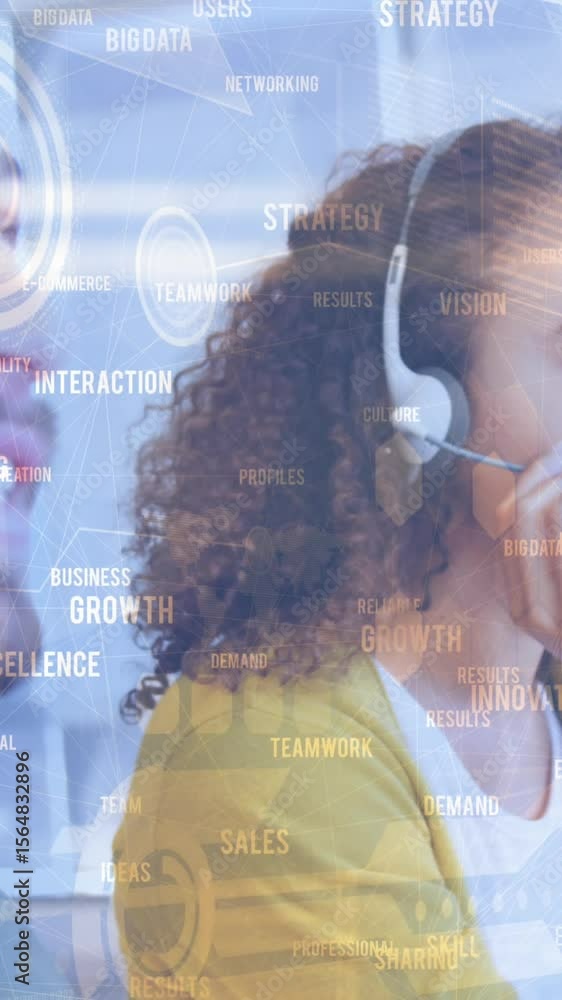 Aufkleber animation of statistics and data processing over business people using phone headsets