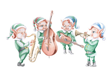 Jazz quartet of Christmas elves playing musical instruments. Isolated watercolor illustration for design of printed products, interior, invitations, posters, greetings.