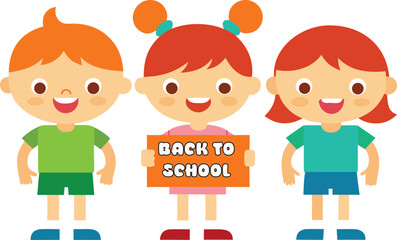 Vector art of three happy children holding a back to school sign isolated on transparent background
