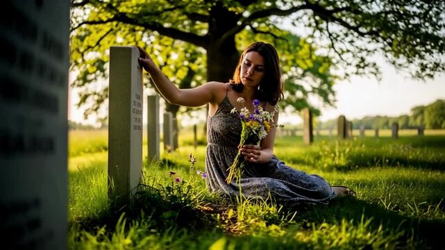 A sad young woman sits by a gravestone in a sunlit cemetery, holding wildflowers and mourning the loss of a loved one, a poignant concept for grief, remembrance, and enduring love