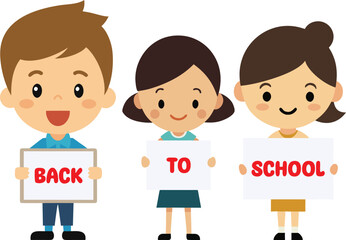 Vector art of three happy children holding a back to school sign isolated on transparent background