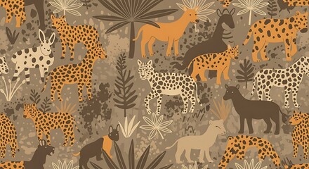 Seamless pattern design with jungle animals leopards lions and trees for textile and wallpaper design