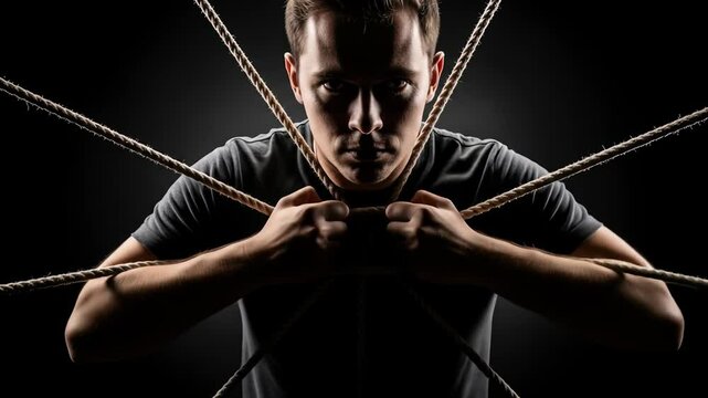A man trapped by many ropes, struggling with constraints. Stress or addiction visualization. Concept of being tied down in life footage.