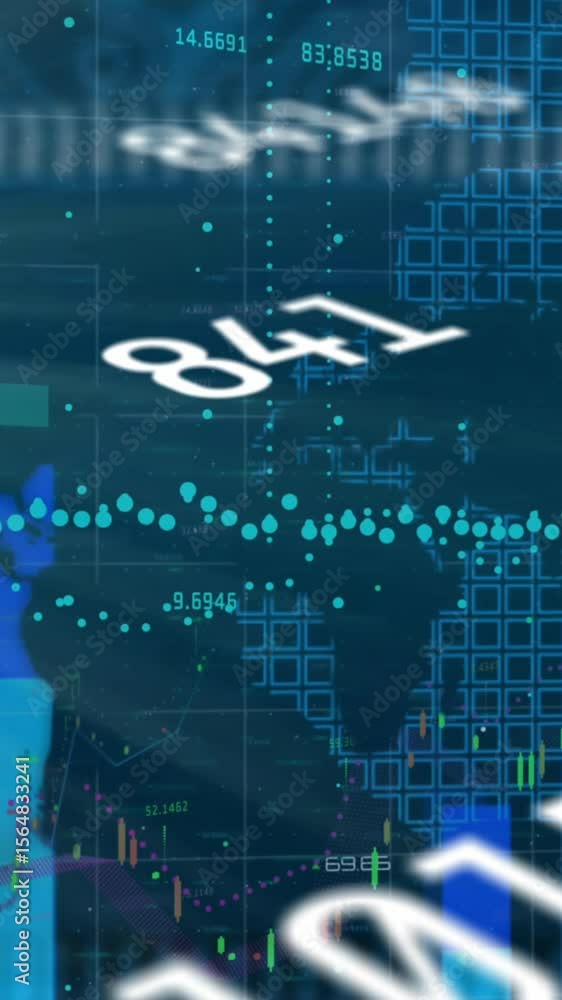 Poster Animation of changing numbers and financial data processing over close up of a circuit board