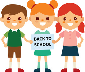 Vector art of three happy children holding a back to school sign isolated on transparent background