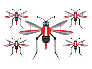 Stylized cartoon mosquitoes with red bodies and gray wings arranged in a pattern on white background

