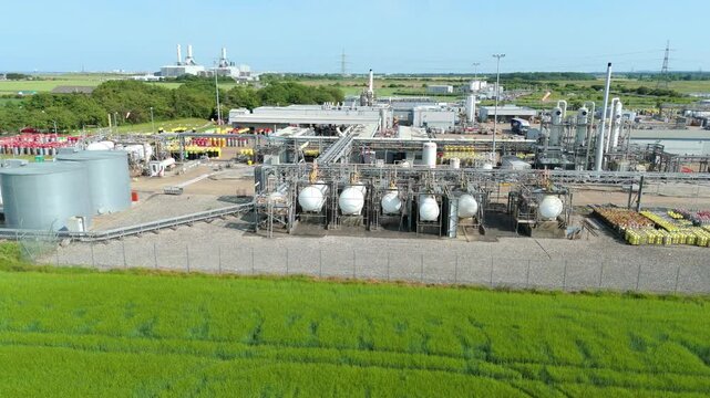 High-Altitude Shot of Industrial Gas Cylinder Facility and Processing Plant at Immingham England