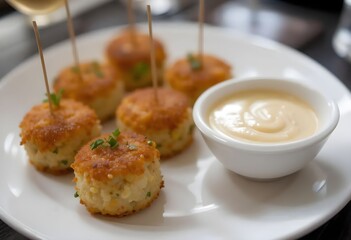 Mini crab cakes on skewers with dipping sauce, cocktail party setting.