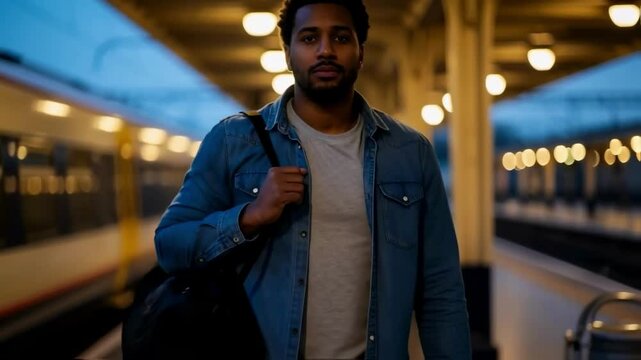 A thoughtful african american man with a travel bag walks along a brightly lit train station platform at night, representing a journey, urban commute or a solitary departure
