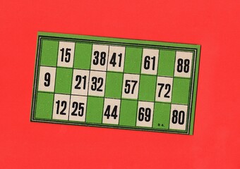 Content from the vintage game of Lotto or Bingo on a bright coloured background.