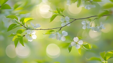 Spring Blossoms White Flowers Branch Green Leaves Sunlight