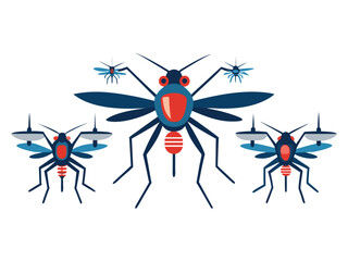 Futuristic mosquito drones with propellers and red eyes flying in formation
