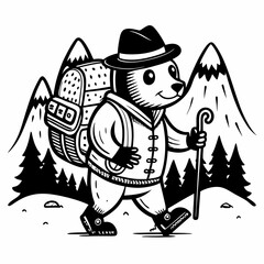 Black and white hiking beaver vector icon on white background.